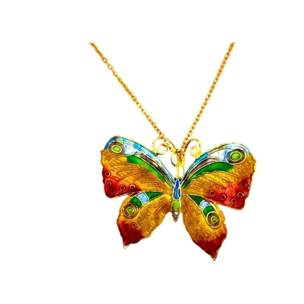 Indio Jewelry Cloisonné Butterfly Pendant Necklace #7045